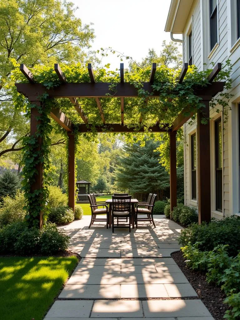 A stylish wooden pergola with climbing vines providing shade over a patio in a backyard garden.