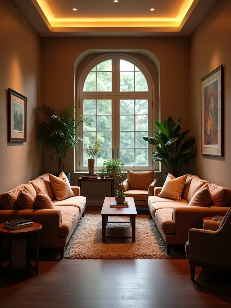 “Warm and inviting living room designed for conversation, featuring two facing sofas, armchairs, and a coffee table, creating a comfortable and social gathering space.”