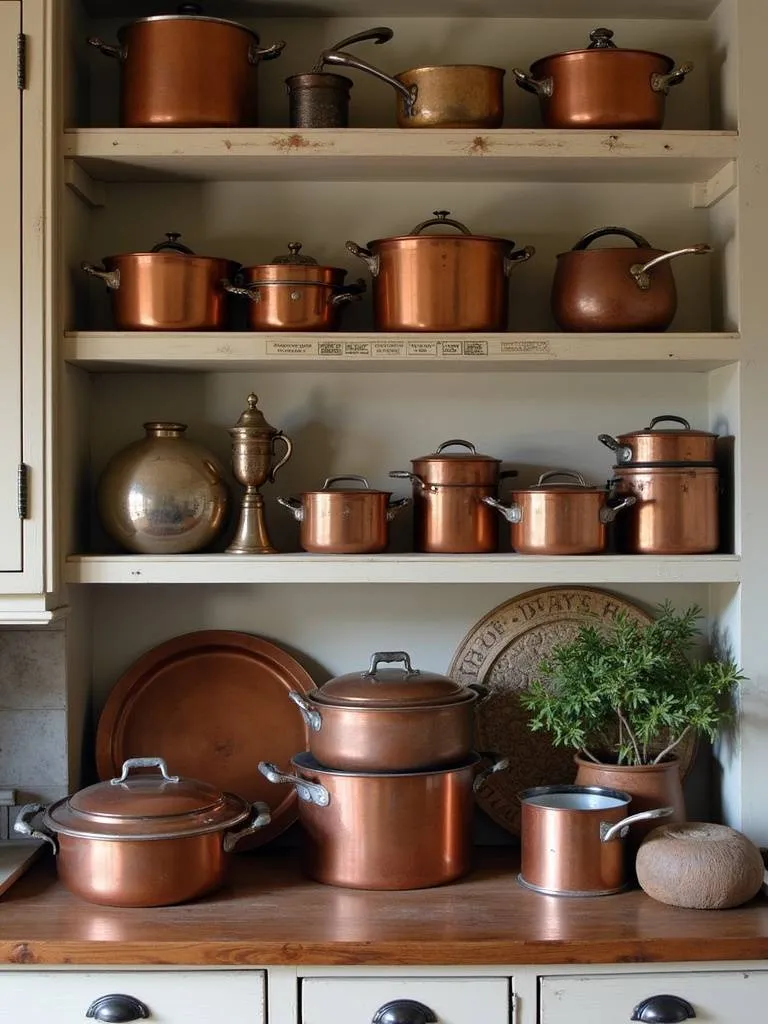 Collection of copper cookware and accessories in a farmhouse kitchen, displaying various patinas and finishes that add warmth and character.
