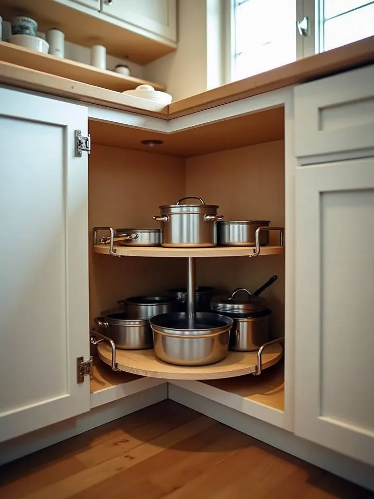 Corner cabinet lazy Susan inside a kitchen cabinet, making items in deep corners easily accessible.