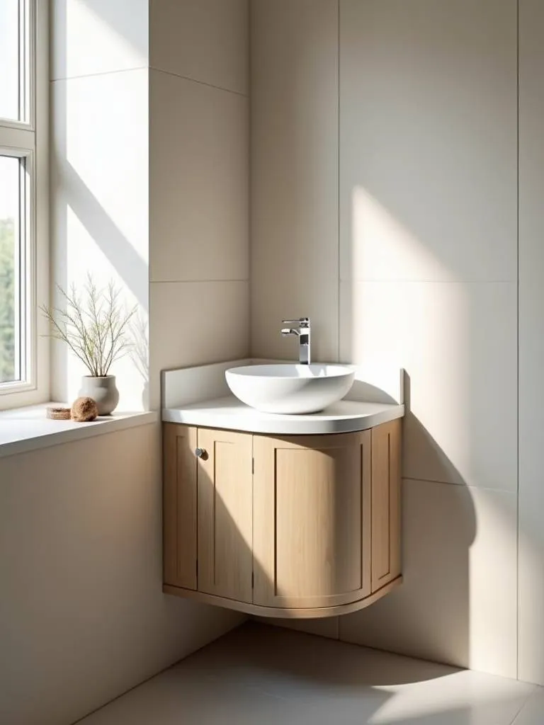 “A corner vanity in a light wood finish with a round vessel sink in a small, bright bathroom.”