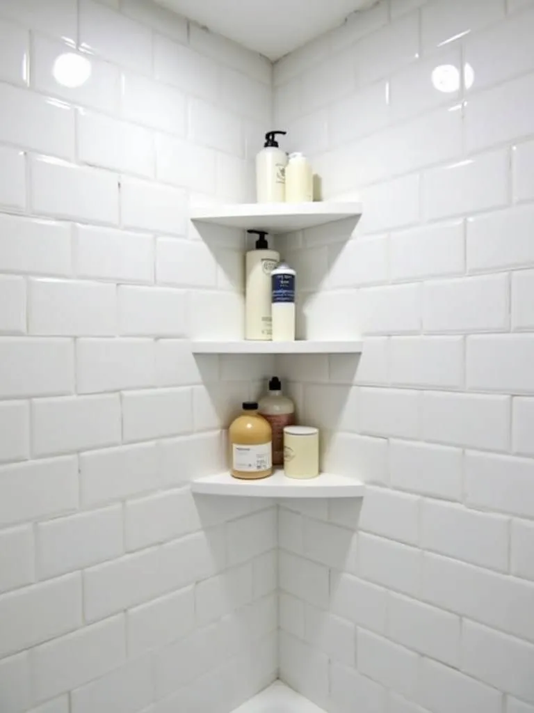 “Functional corner shelves inside a small bathroom shower, maximizing storage space for shower essentials.”