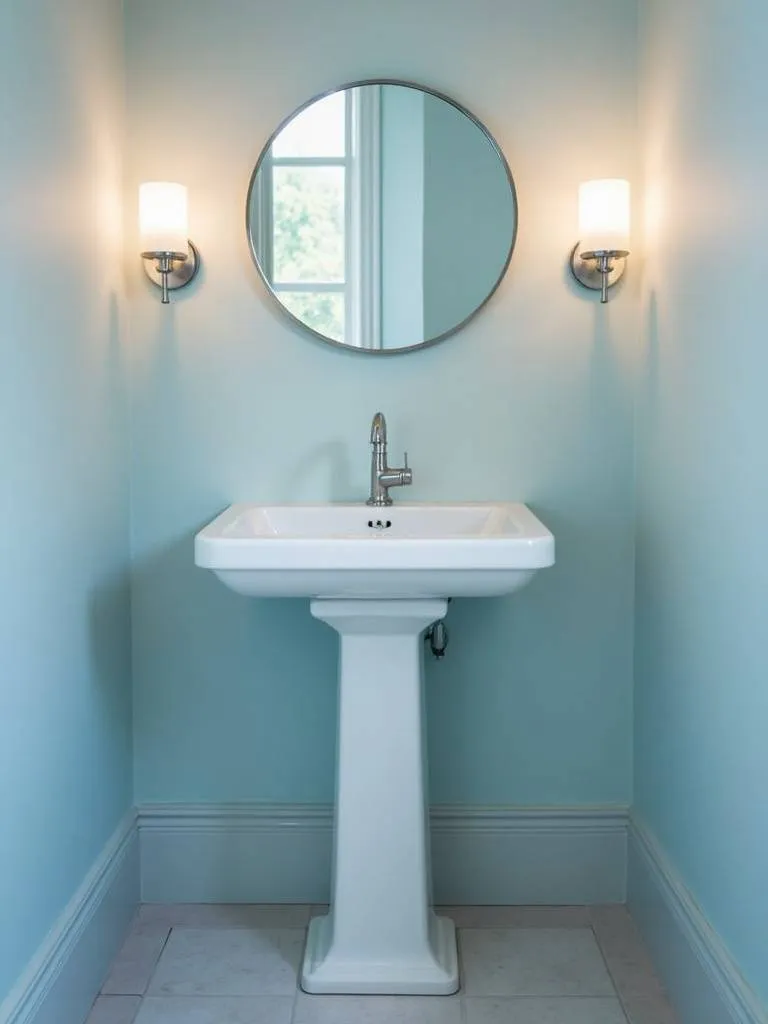 “A charming and space-efficient small powder room showcasing a white corner pedestal sink with a round mirror above.”