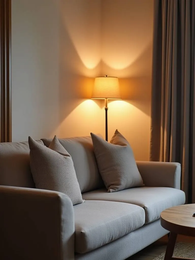“Cozy small living room featuring a corner sofa creating a comfortable nook, illuminated by warm lighting and decorated with neutral tones and textured pillows.”