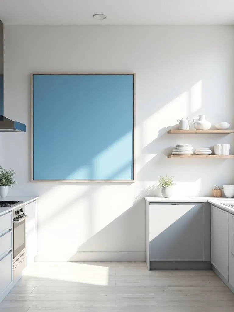 A light and airy kitchen featuring a cornflower blue wall art.