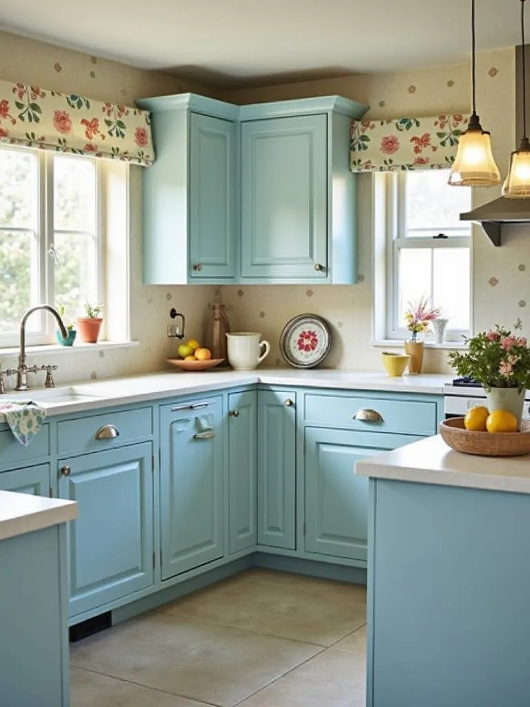 Cottage kitchen with light blue painted cabinets, white countertops, and floral decorations