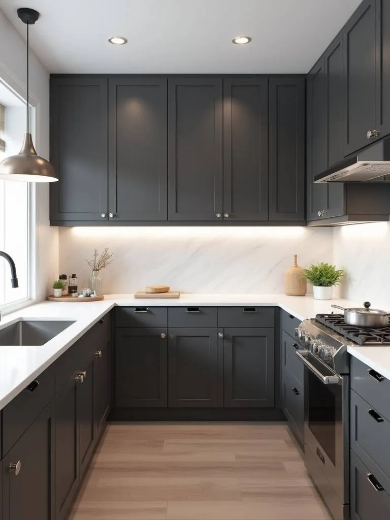 Modern kitchen with a seamless white quartz countertop and full-height backsplash, paired with dark grey cabinets