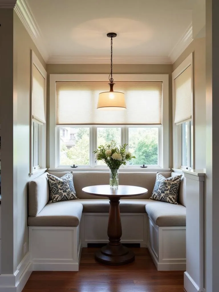 Cozy contemporary kitchen breakfast nook with banquette seating and pendant lighting