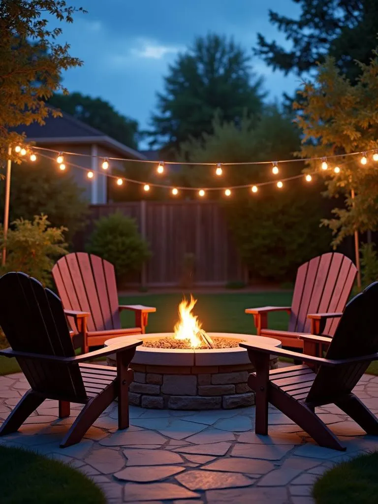 A cozy backyard patio at dusk featuring a fire pit surrounded by seating and string lights.