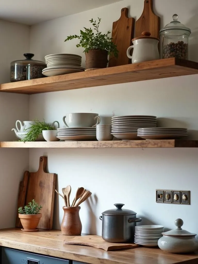 Apartment kitchen with affordable DIY open shelving made from reclaimed wood.