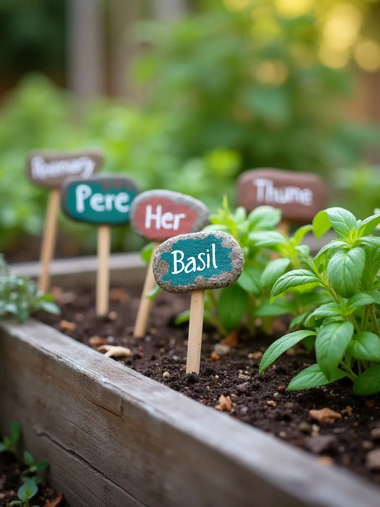 DIY garden markers made from painted stones labeling herbs in a raised garden bed.