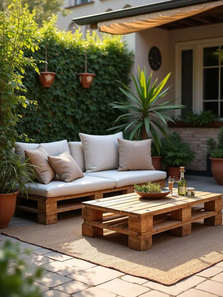 A rustic pallet furniture lounge area with a sofa and coffee table on a patio with potted plants.