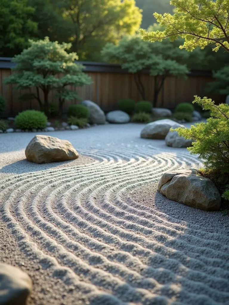 A relaxing and meditative backyard zen garden with stones, gravel and raked patterns.
