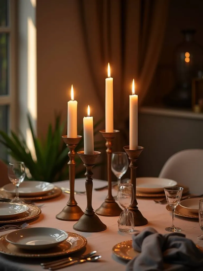 Candle holders of varying heights add a warm, layered touch to a dining area.