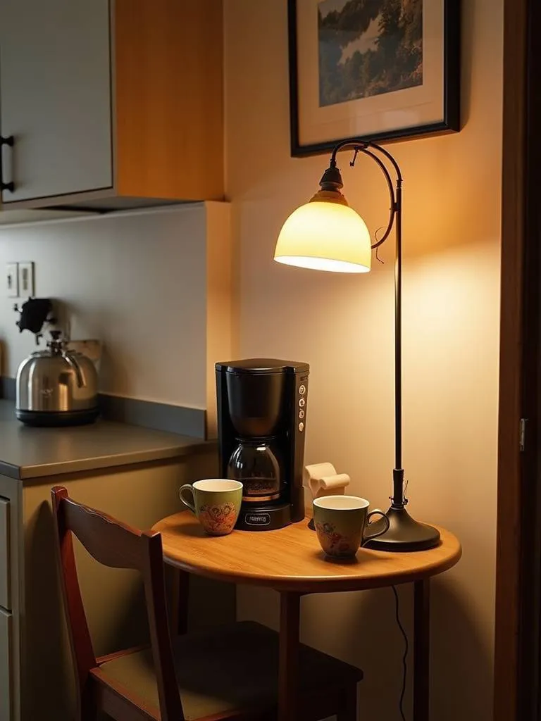 Apartment kitchen corner transformed into a chic coffee nook with a coffee maker and accessories.