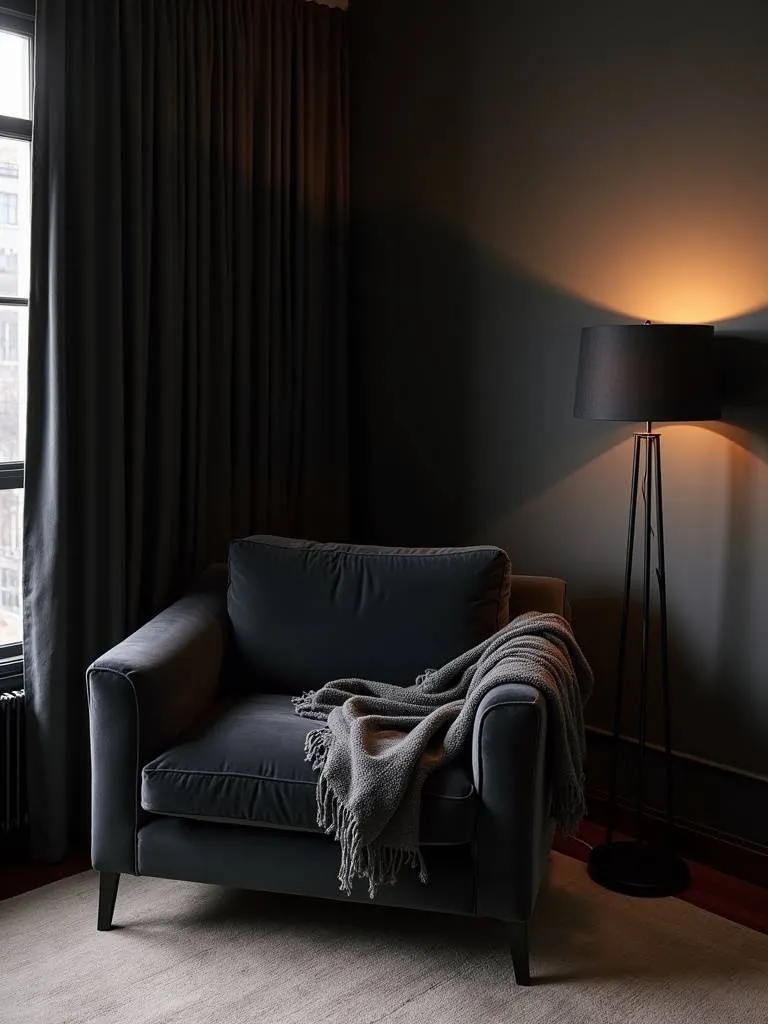 Cozy and inviting corner in a black bedroom featuring a black velvet accent chair with a throw blanket and floor lamp, bathed in soft evening light.