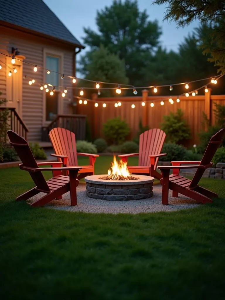 A cozy fire pit gathering spot with Adirondack chairs illuminated by firelight and string lights at dusk.