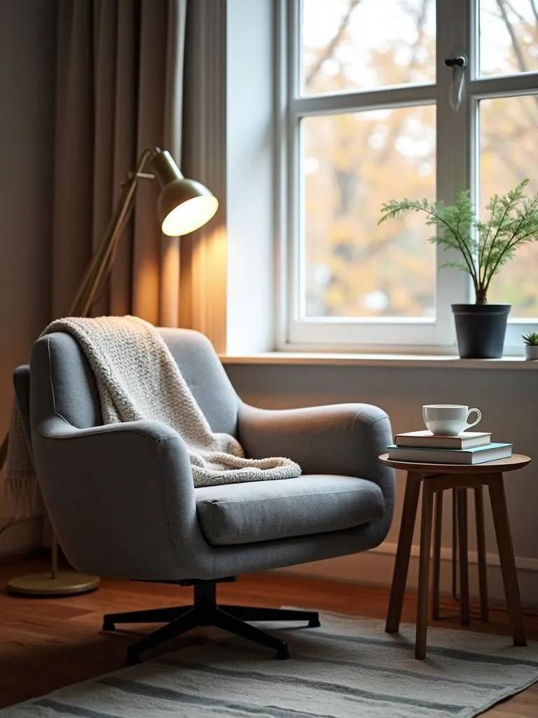 “Cozy reading nook with a grey swivel chair, floor lamp, side table with books, and soft lighting, creating a relaxing atmosphere.”