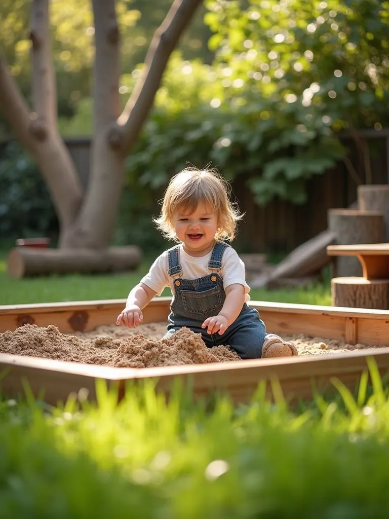 A kid-friendly play area with a wooden sandbox, mud kitchen, and natural climbing elements in a sunny backyard.
