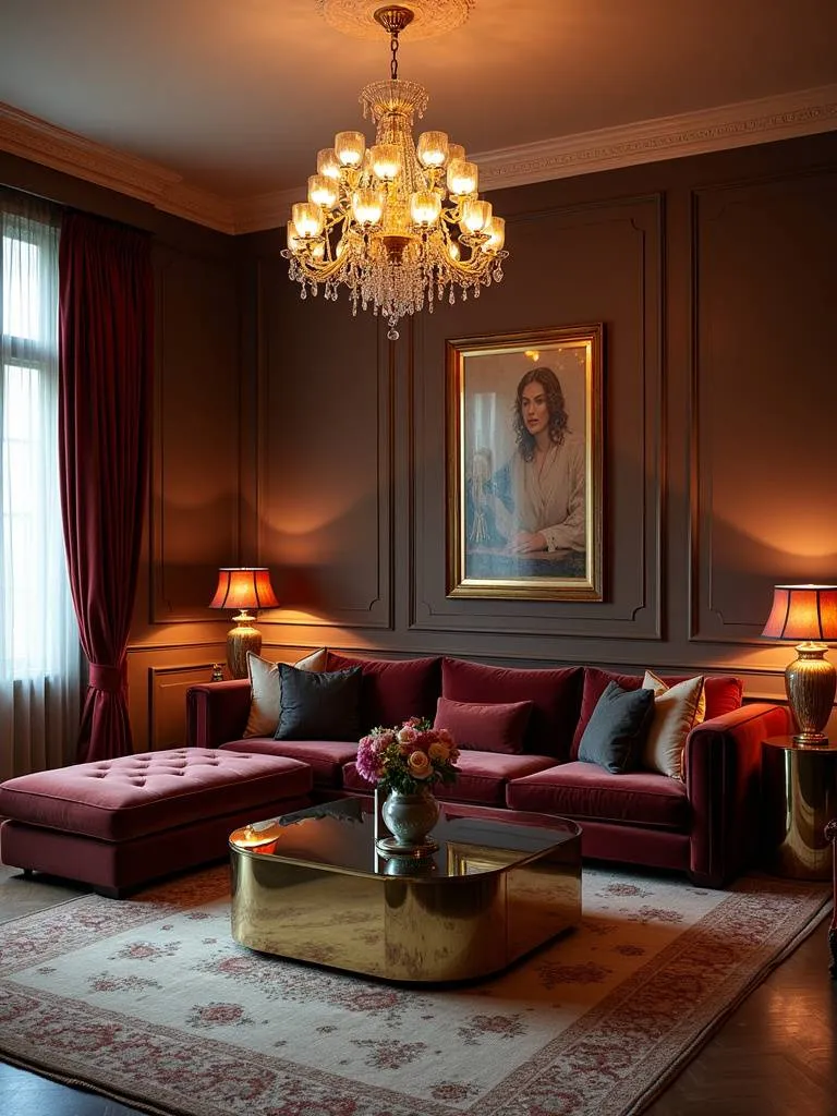 “Luxurious living room with a velvet sofa, gold accents in lighting and decor, a mirrored coffee table, and a glamorous chandelier, creating a sophisticated and opulent space.”