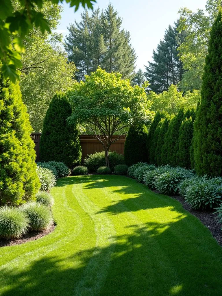A backyard using trees and shrubs to create a natural privacy screen.