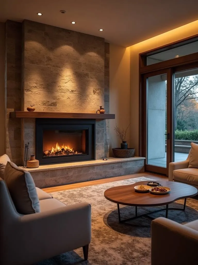 “Living room focal point featuring a built-in modern fireplace with a stone surround, creating a striking visual anchor and warm ambiance.”