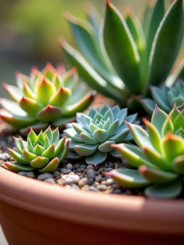 A stunning succulent garden arrangement with various colorful succulents in a terracotta pot in bright sunlight.