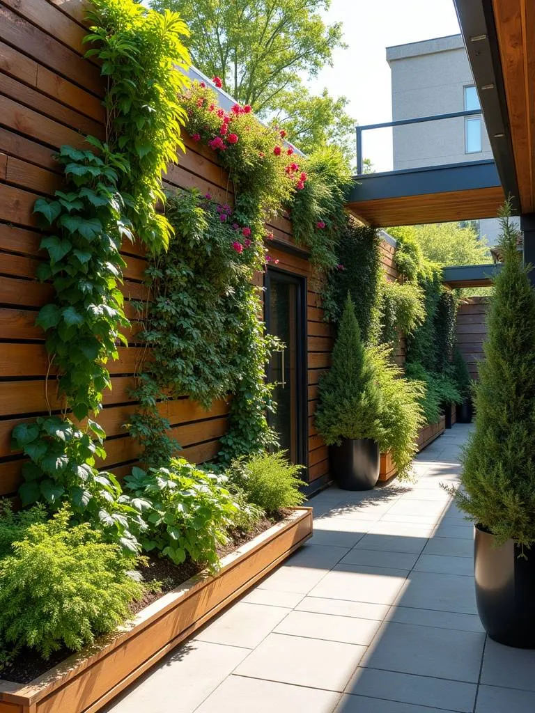 Modern patio showcasing a vertical garden wall brimming with diverse plants, adding a green accent to the space.
