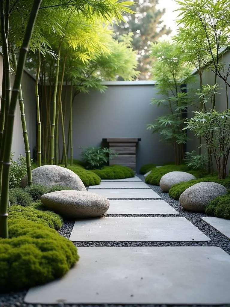 Zen style patio garden featuring bamboo, moss, and smooth stones, creating a tranquil and peaceful outdoor retreat.