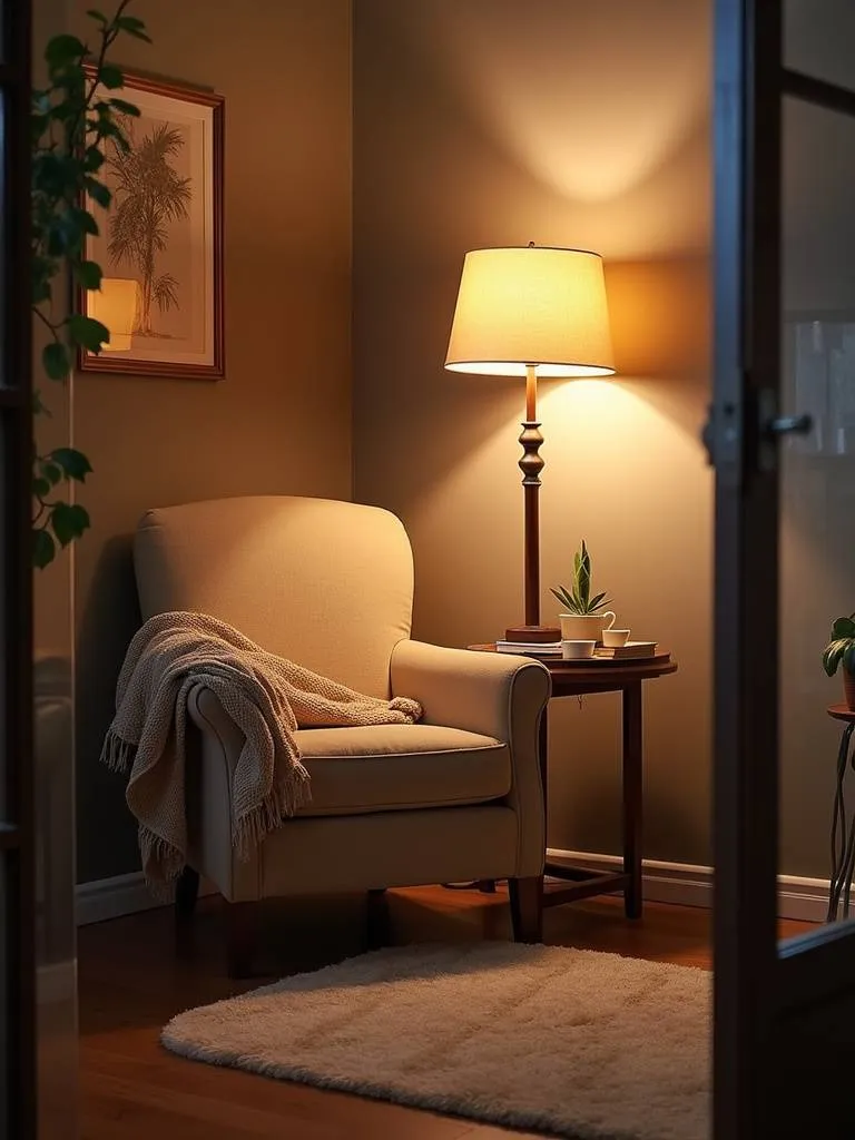 “Cozy reading nook in a living room corner featuring a comfortable armchair, floor lamp, side table, soft rug, and throw blanket, creating a private and inviting space for reading.”