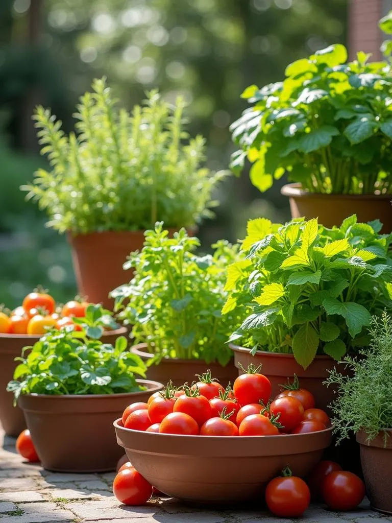 Patio vegetable garden with large pots growing healthy tomato, pepper, lettuce, and herb plants.
