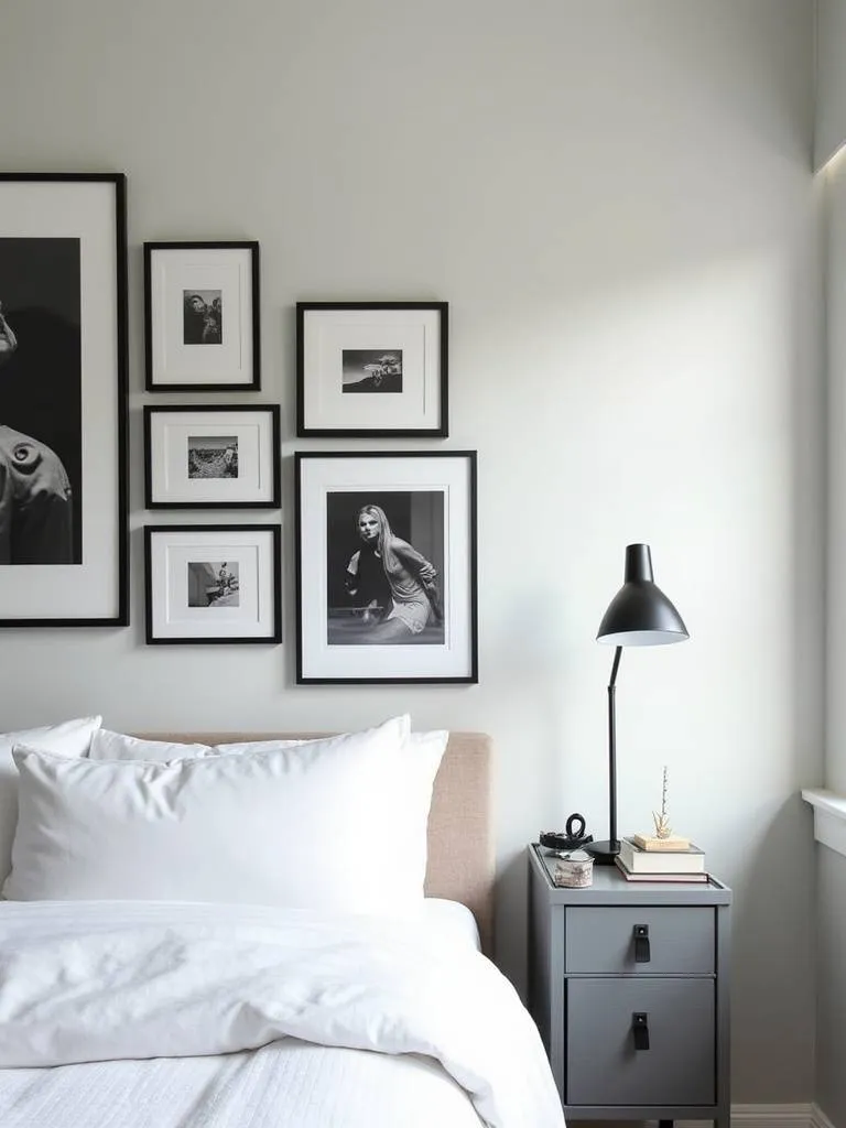 Modern bedroom wall with a curated gallery wall of black and white photography and modern art prints above the bed.