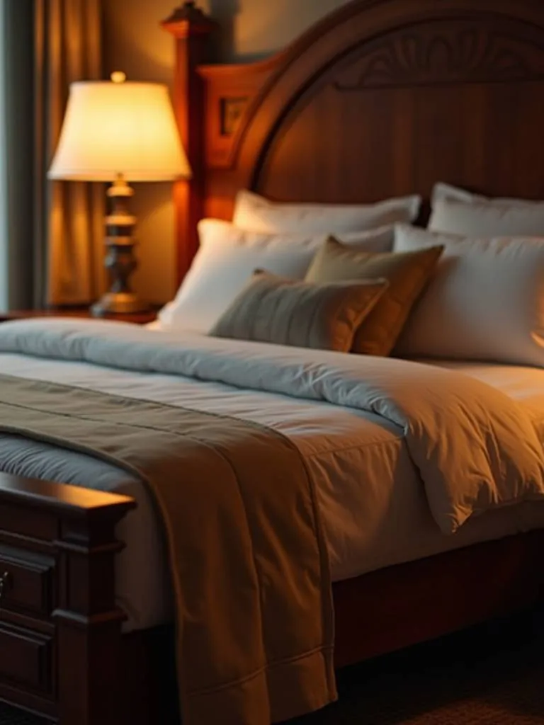 Opulent luxury bedroom featuring a uniquely designed custom-made wooden bed frame.