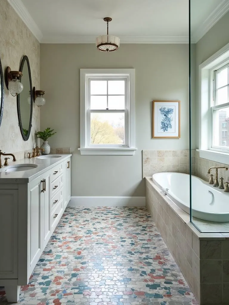 Custom tilework in a modern bathroom with eye catching geometric designs.