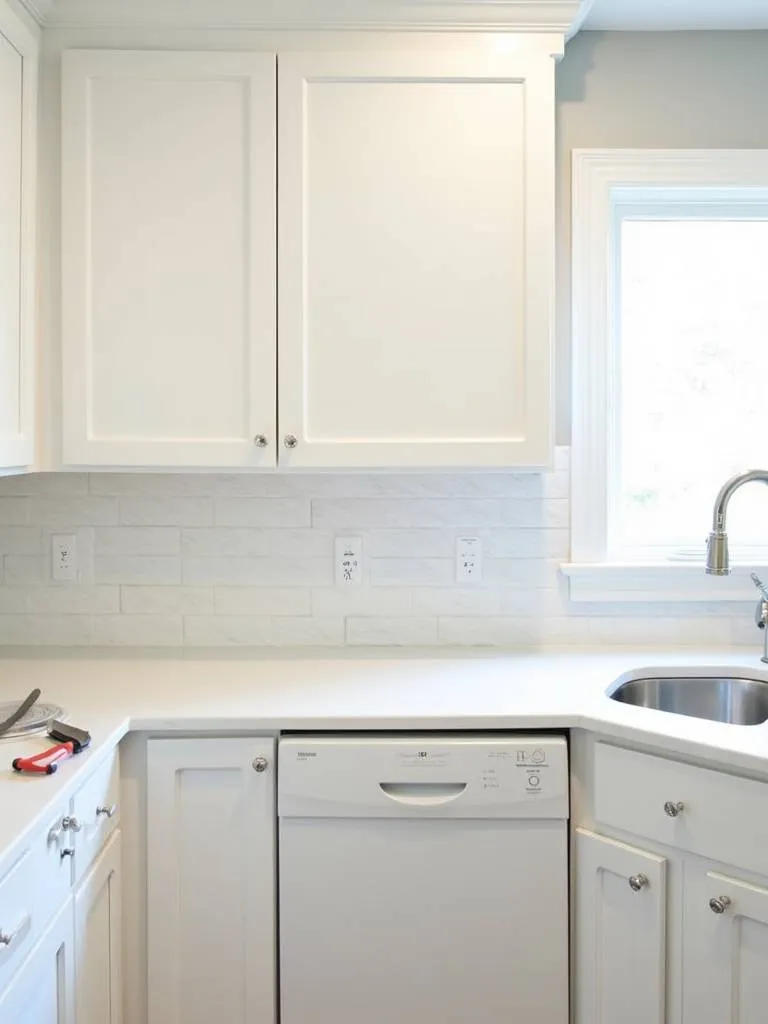 Bright kitchen showing a DIY backsplash installation in progress with white subway tiles and tools on the countertop