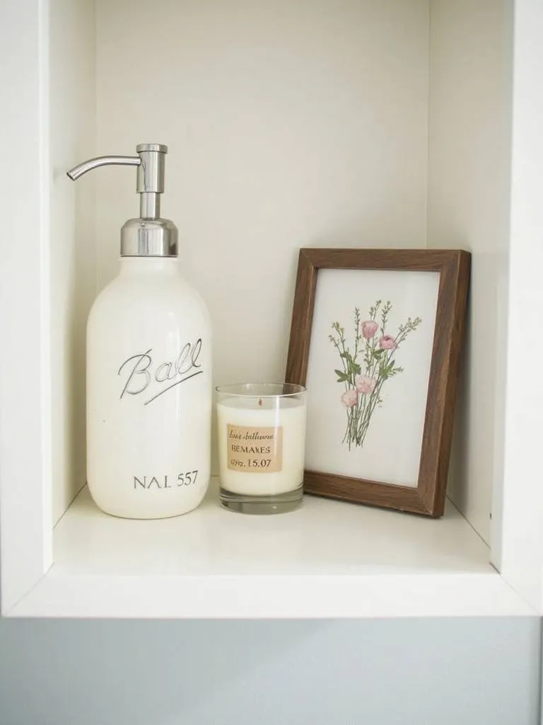 Bathroom shelf with DIY decor including a painted mason jar soap dispenser and framed pressed flower art