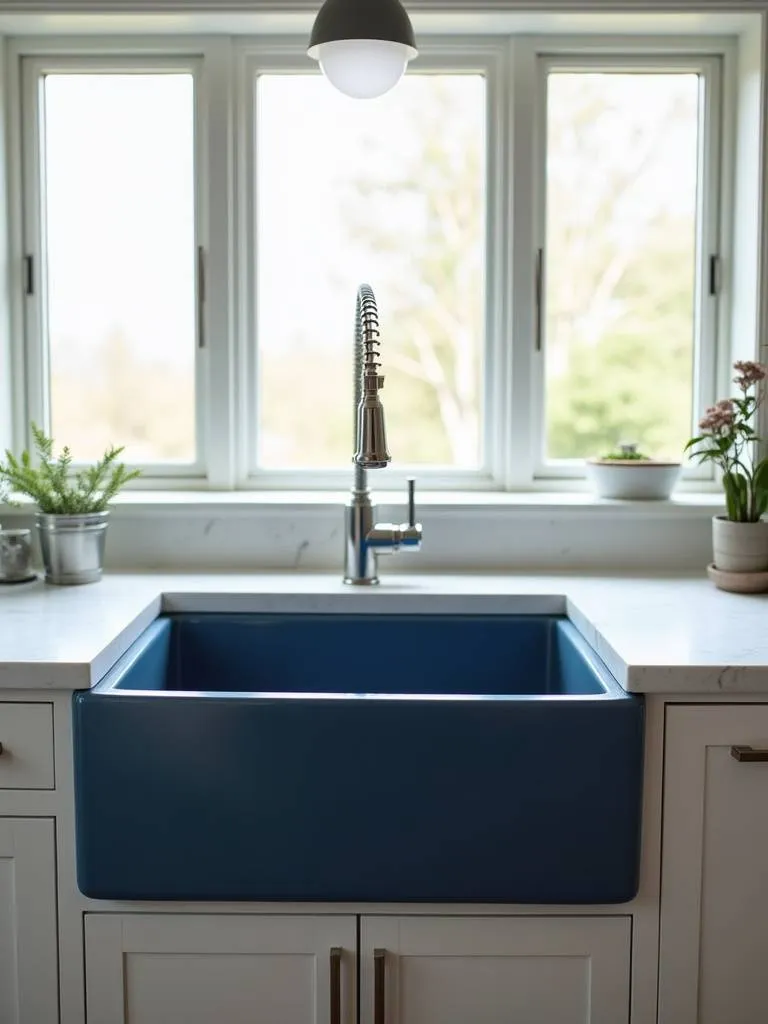A kitchen featuring a striking dark blue farmhouse sink.