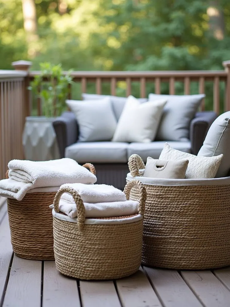 Deck seating area featuring decorative storage baskets holding blankets and cushions, showcasing a functional and stylish solution for keeping the deck organized and clutter-free.