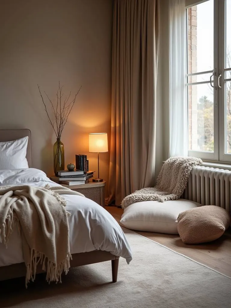 A cozy bedroom featuring a dedicated reading nook in a corner, complete with floor cushions, throw blankets, a side table, lamp, and books, creating an inviting and comfortable space