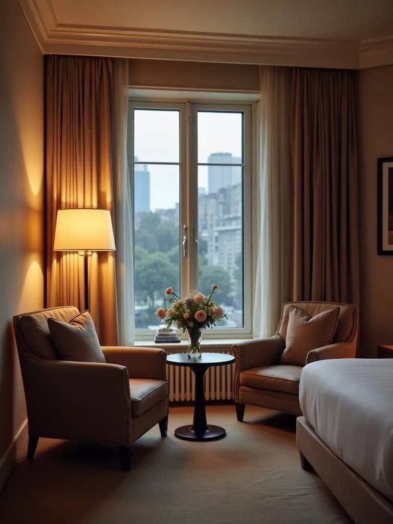 Inviting luxury bedroom featuring a dedicated sitting area for relaxation and quiet moments.