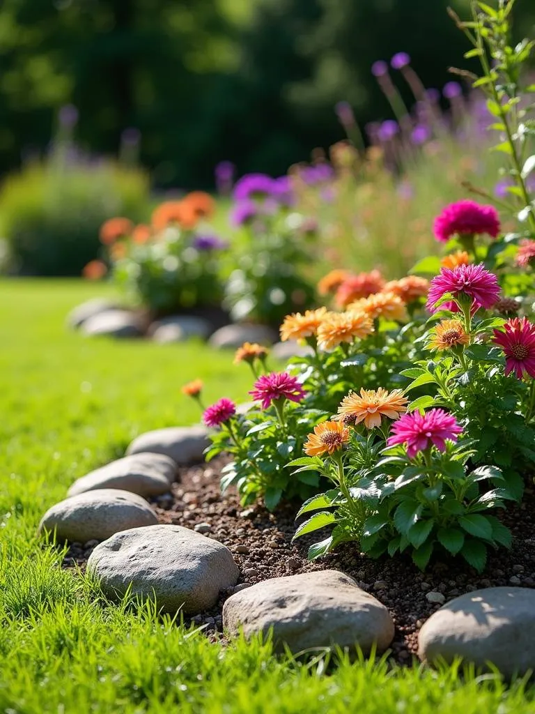 Garden beds with edges defined by natural rocks and colorful flowers.