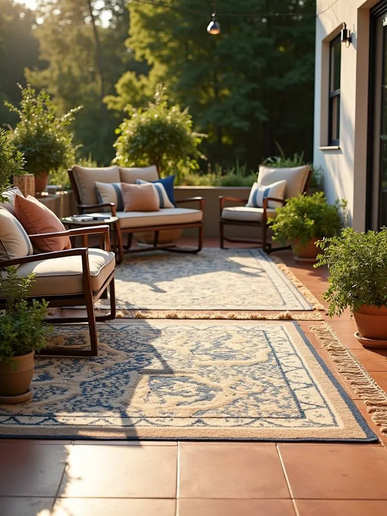 Stylish outdoor rugs defining seating and dining areas on a patio with potted plants and outdoor furniture.