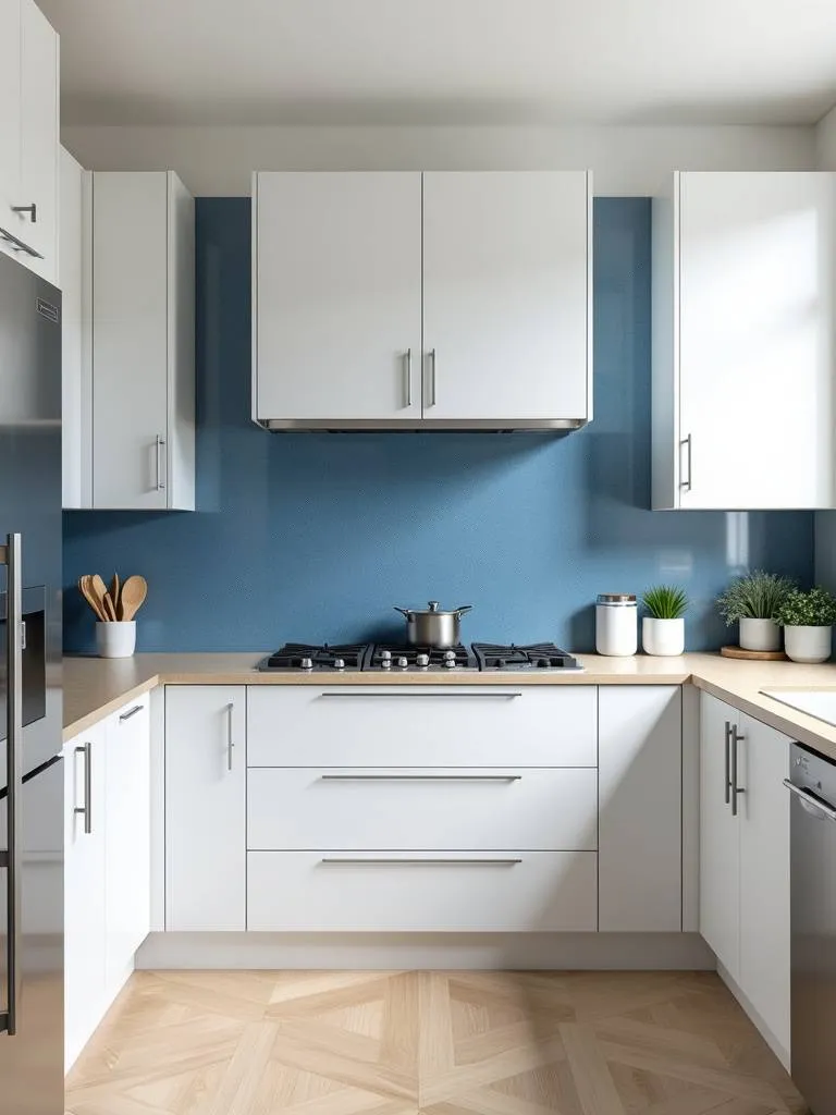 A modern kitchen with a denim blue backsplash.