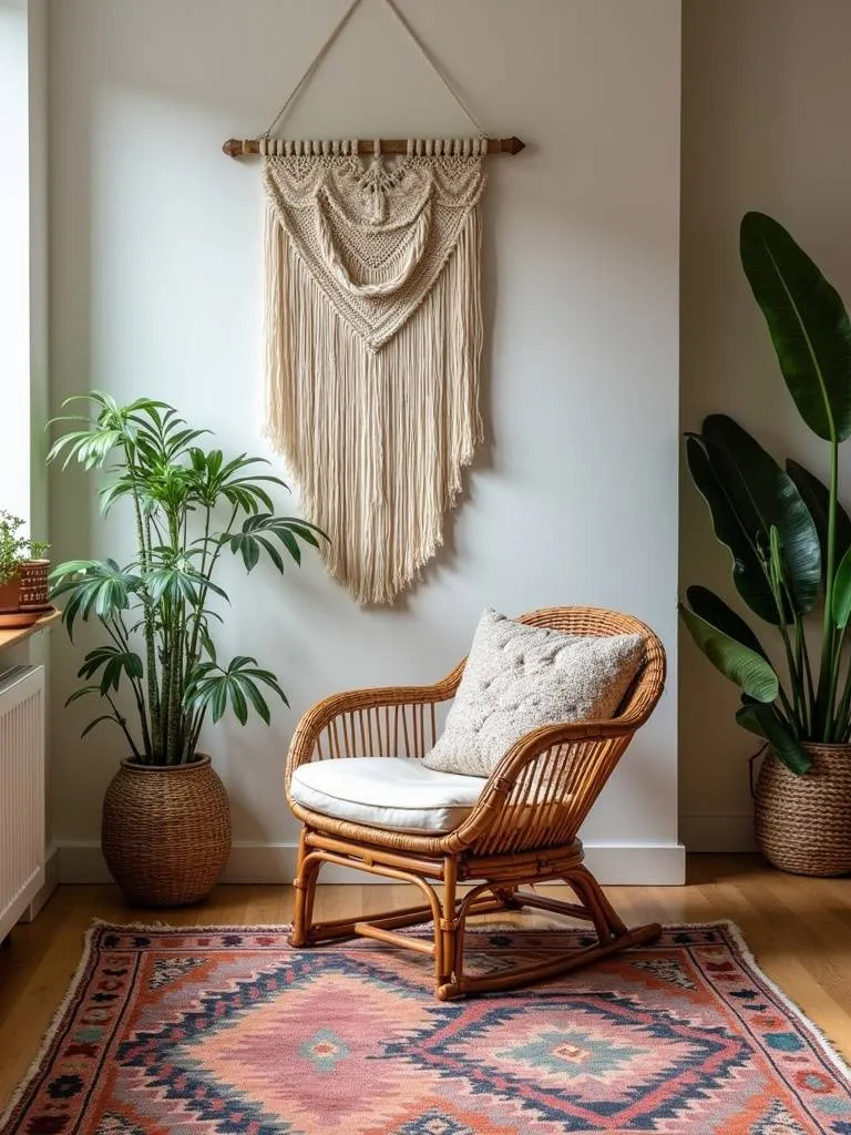 “Bohemian living room with rattan armchair, macrame wall hanging, kilim rug, and global textiles, creating an eclectic and relaxed space.”