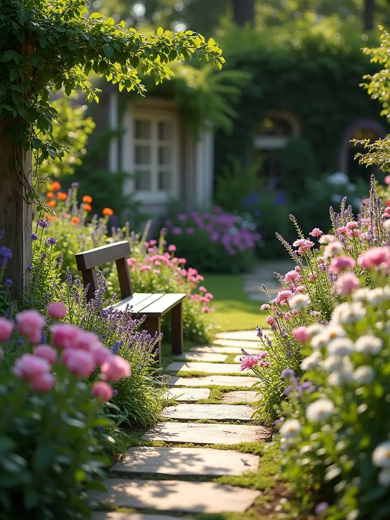 A vibrant cottage garden with colorful flowers, a stone pathway, and a wooden bench on a sunny day.