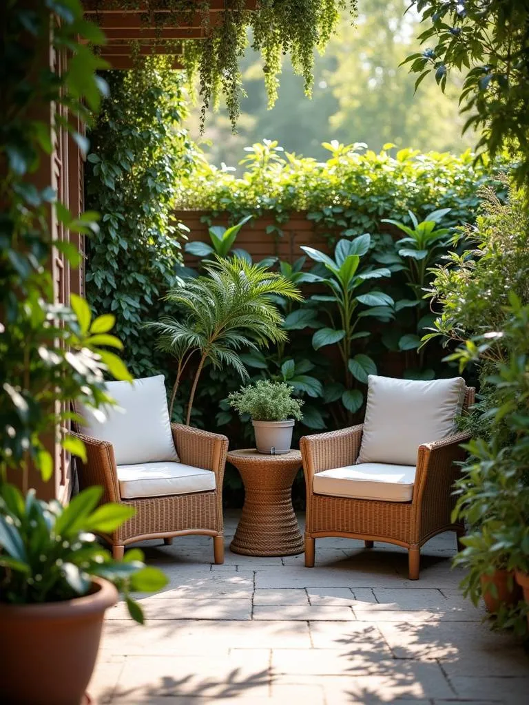 Inviting patio seating area nestled amongst a variety of potted plants, creating a relaxing and green outdoor living space.