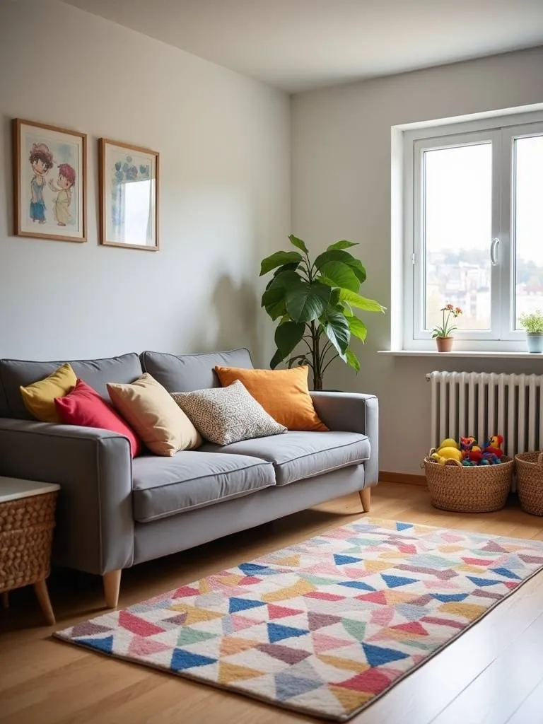 “Kid-friendly living room featuring a durable grey sofa, colorful cushions, a playful rug, and toy storage baskets, designed for both style and functionality.”