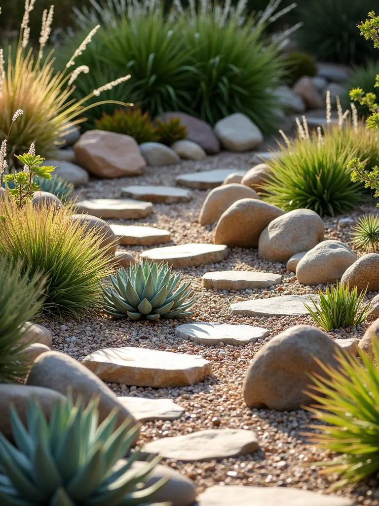 A low-maintenance rock garden with various rocks, succulents, and ornamental grasses on a sunny slope.