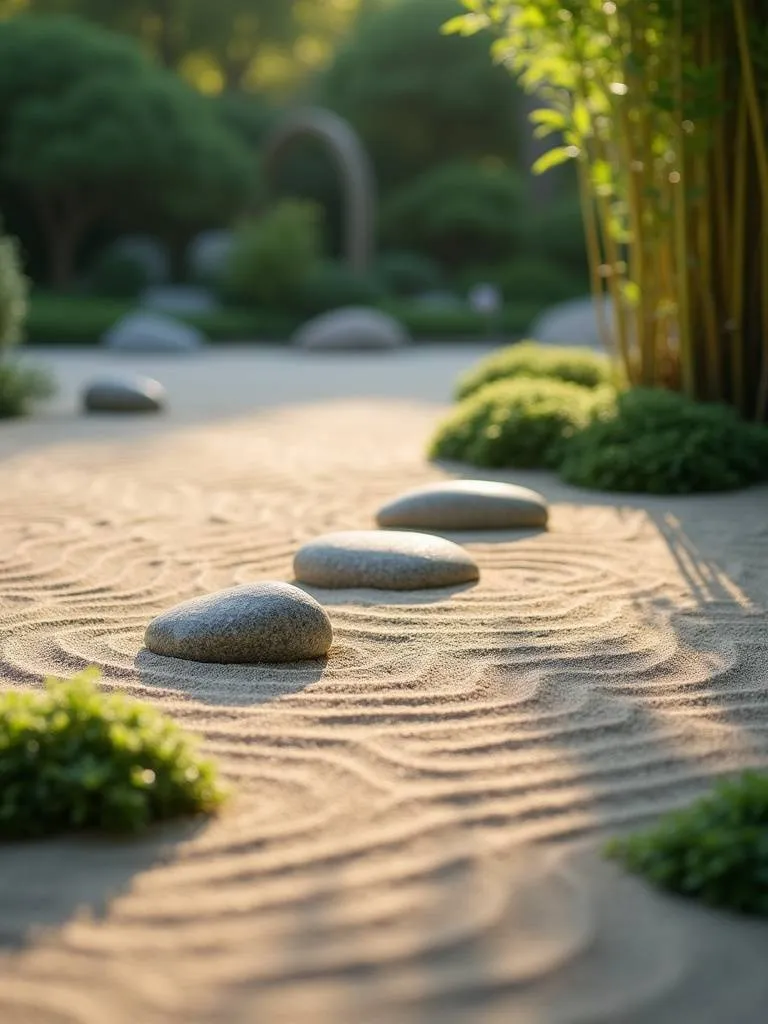 A tranquil Zen garden scene with raked sand patterns, rocks, and moss in soft morning light.