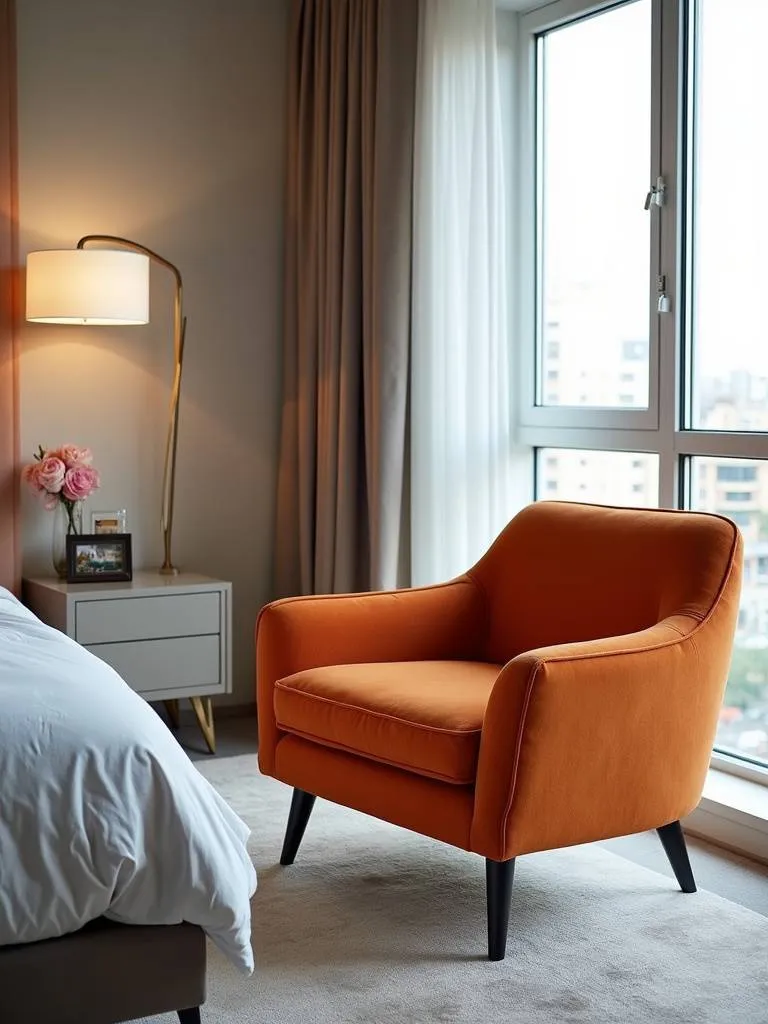 Sophisticated luxury bedroom with a bold colored designer accent chair adding a touch of personality.